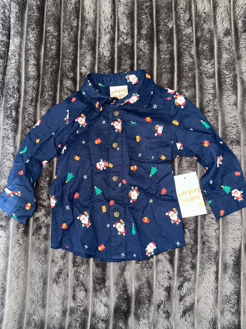Jumping beans baby boy Navy Blue Santa & Tree Button-Down Shirt